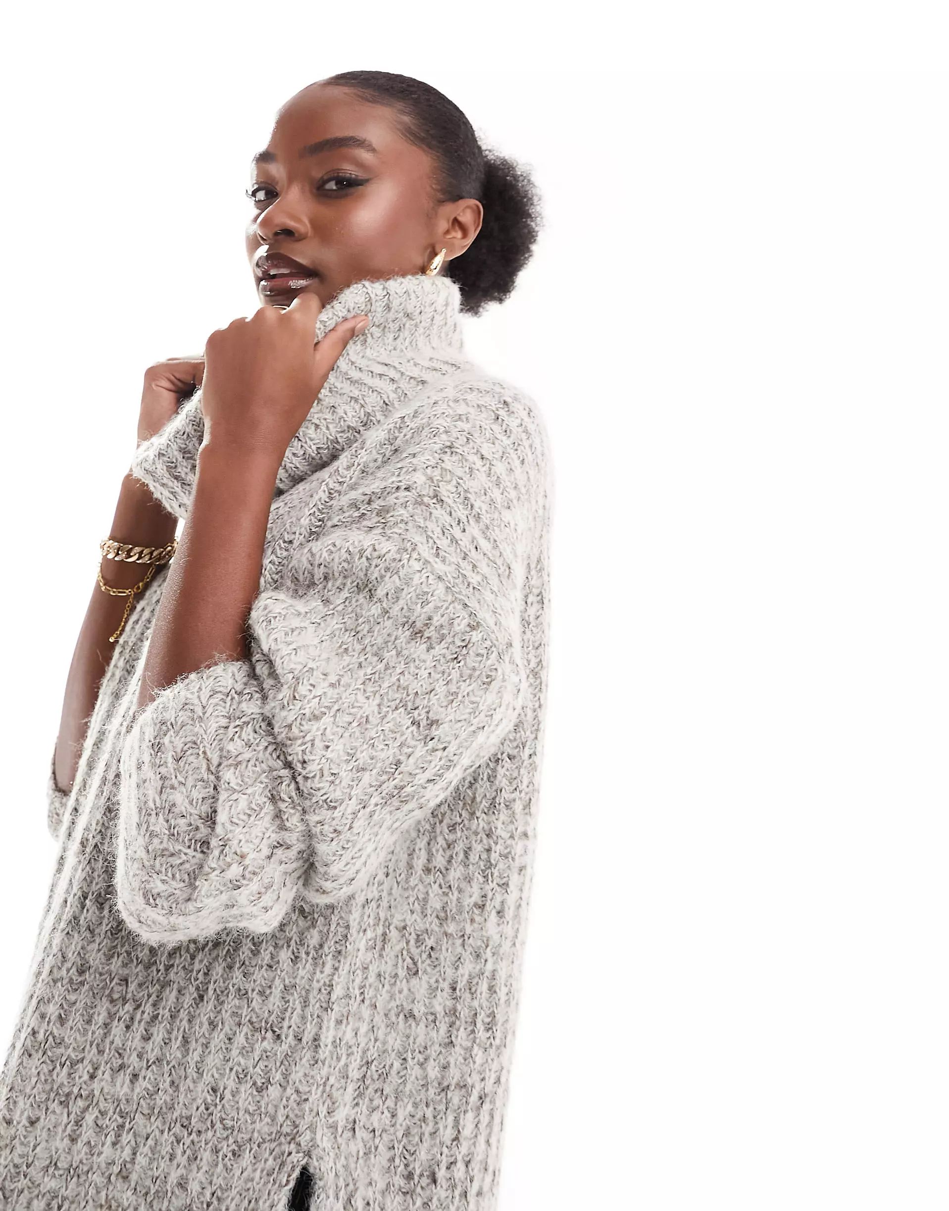 Vero Moda oversized roll neck longline sweater in gray melange | ASOS (Global)