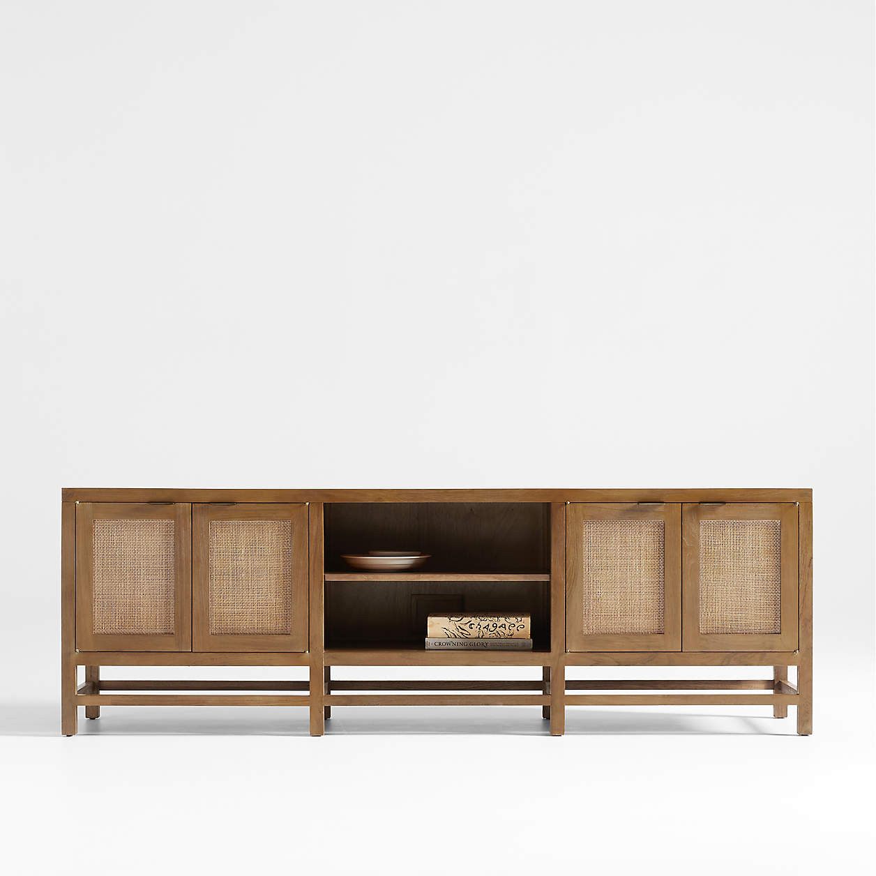 Blake 85" Light Brown Teak and Rattan Storage Media Console + Reviews | Crate & Barrel | Crate & Barrel