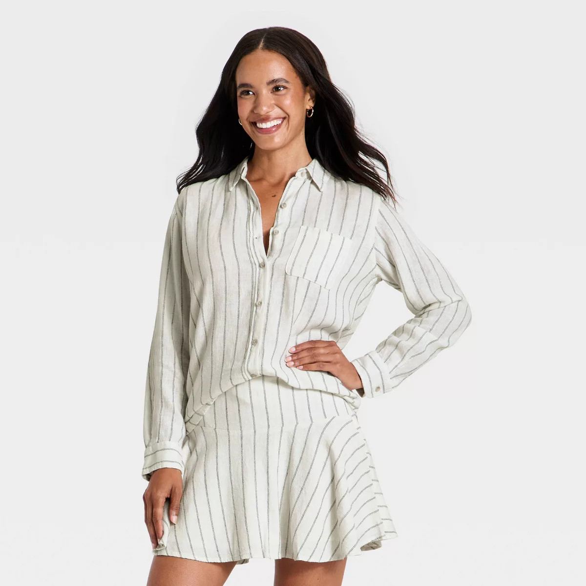 Women's Long Sleeve Linen Collared Button-Down Shirt - Universal Thread™ Cream Striped M | Target