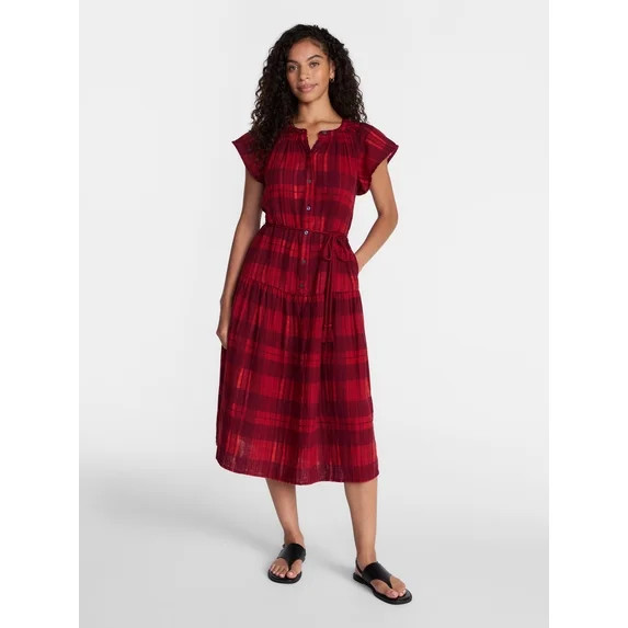 Time and Tru Women's Double Cloth Midi Dress, Sizes XS-XXXL | Walmart (US)