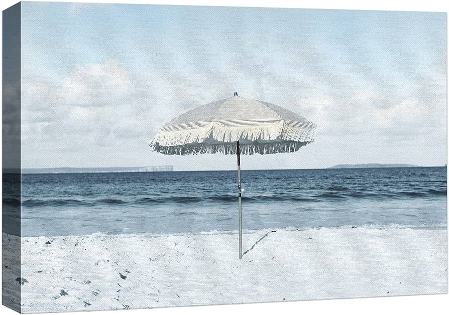 NWT Canvas Print Wall Art Lone White Umbrella on Washed Out Beach Nature Ocean Photography Realis... | Amazon (US)