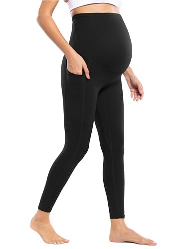 POSHDIVAH Women's Maternity Workout Leggings with Pockets Over The Belly Pregnancy Soft Athletic Running Yoga Pants Black Medium | Amazon (US)