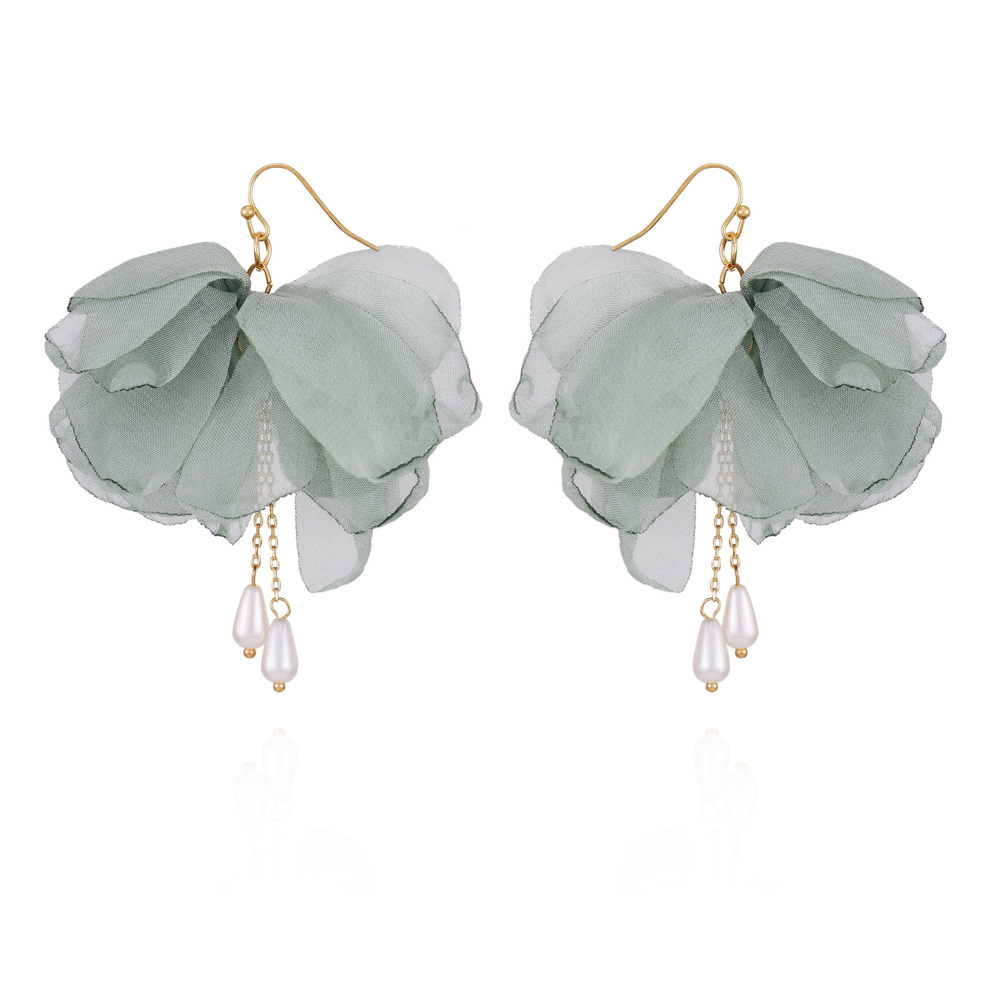 Time and Tru Women's Goldtone Pearl and Green Fabric Flower Wire Earrings | Walmart (US)