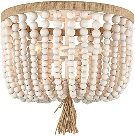 TENGIANTS Farmhouse Ceiling Light Beige Wood Beads Rustic 3-Light Flush Mount Chandelier Light Fi... | Amazon (US)