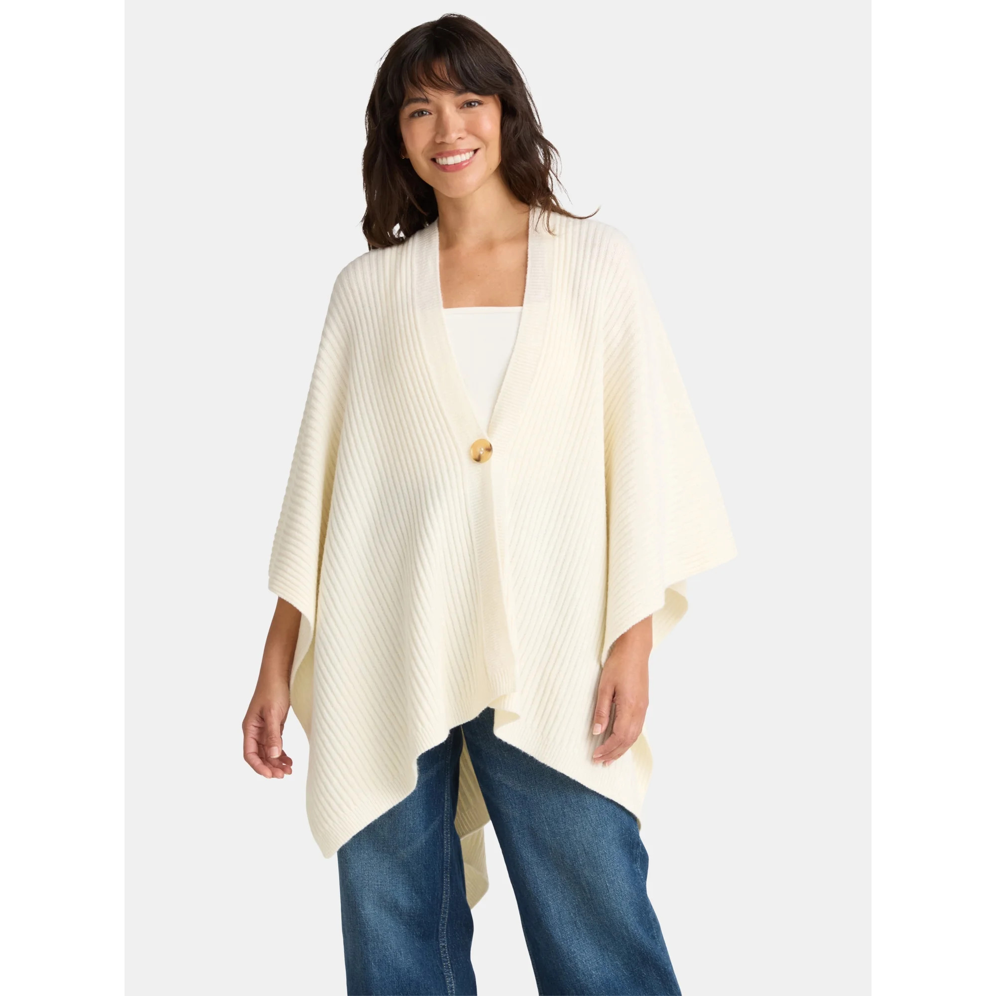 Time and Tru Women's Rib Knit Fashion Coverup with Button, One Size, Ivory | Walmart (US)