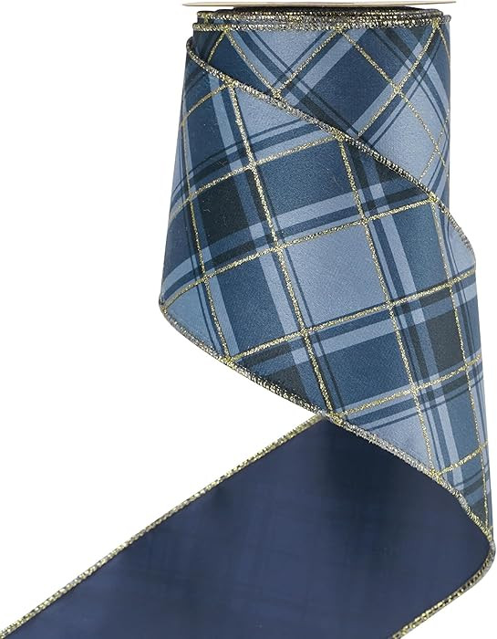 HUIHUANG Blue Plaid Christmas Wired Ribbon 4 inch Blue and Gold Checkered Velvet Ribbon for Chris... | Amazon (US)