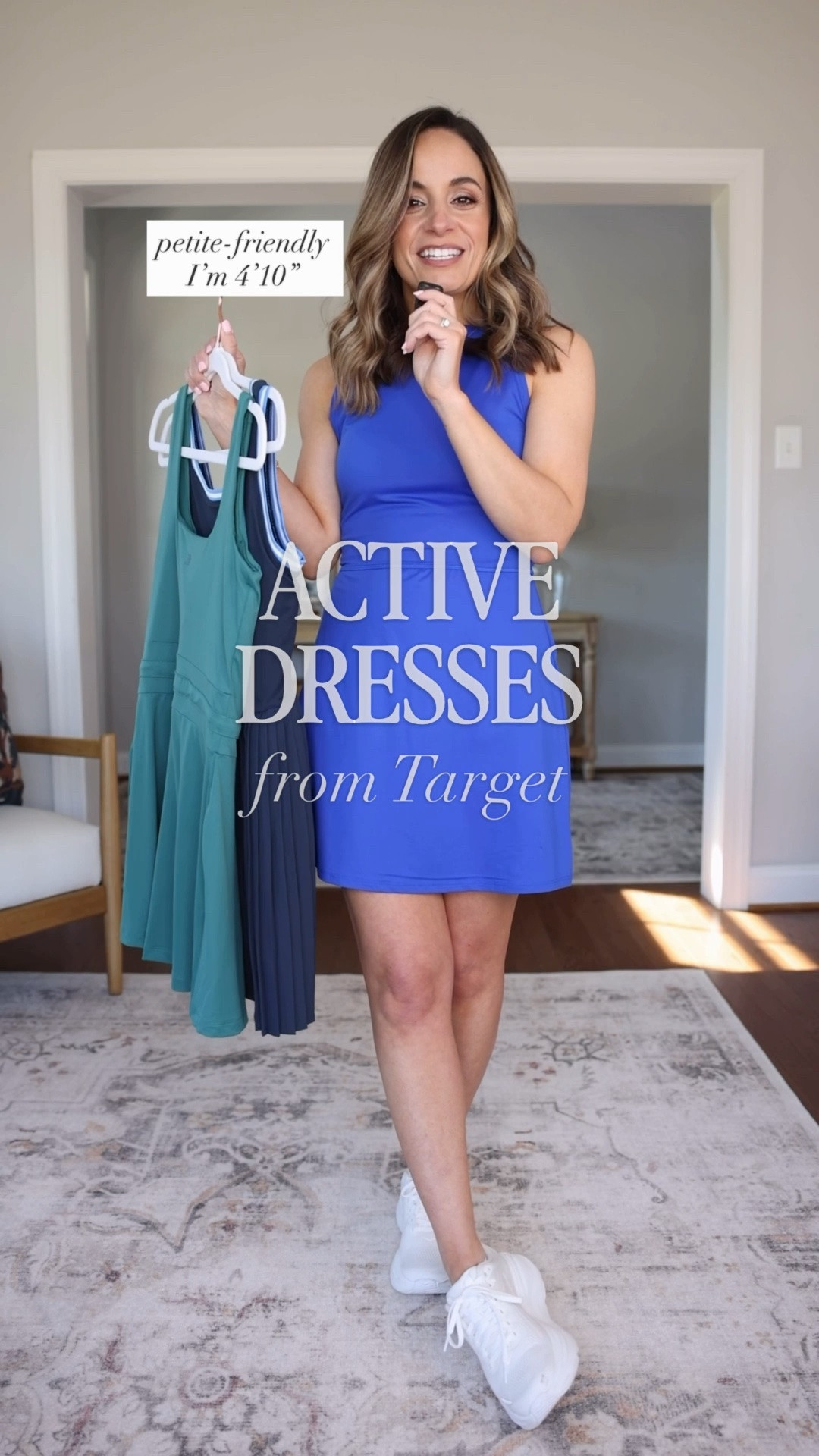 Petite-friendly activewear dresses from Target! 

I’m wearing all three in xs and would consider them true to size. Built in bra and easy access shorts on all of them. 

My measurements for reference: I’m 4’10” and 105lbs. My bust, waist, and hip measurement is 32”, 24”, and 36”.