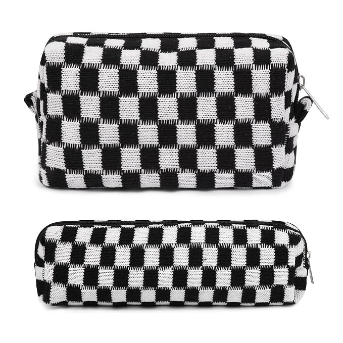 2 Pieces Makeup Bag Checkered Cosmetic Bag Purple Blue Makeup Pouch Travel Toiletry Bag Organizer... | Amazon (US)