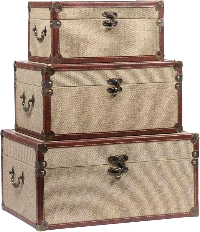 Farmhouse Decorative Storage Trunks Set of 3 Linen and Wood Boho Vintage Boxes with Metal Handles... | Amazon (US)