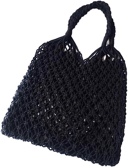TENDYCOCO Shoulder Bag Mesh Beach Bag Woven Cotton Hollow for Women (Black) | Amazon (UK)