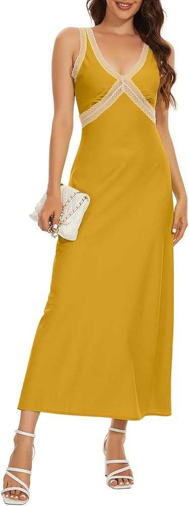 Womens Sleeveless V-Neck Boho Maxi Sundress Lace High Waist Beach A Line Long Dresses | Amazon (US)