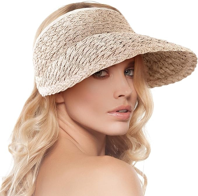 Women's Wide Brim Sun Hats Roll-up Foldable Straw Golf Visor Hat | Amazon (US)