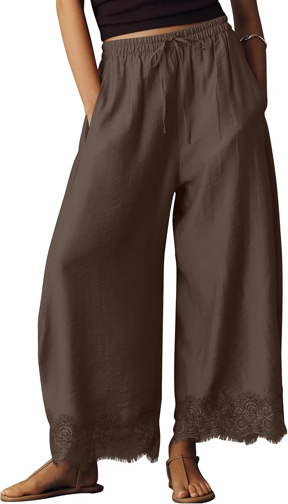 Flowy Lace Hem Wide Leg Pants for Women | Amazon (US)
