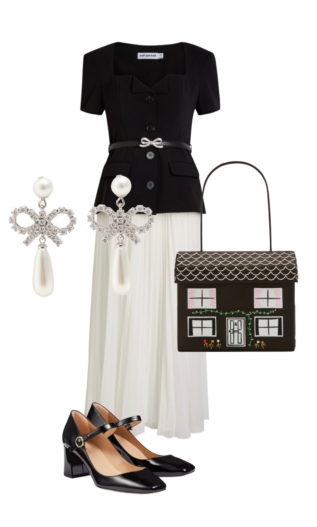 Catch the stunning Self Portrait  Tailored Crepe Midi Dress in black and white, with pleated skirt and bow belt detail in the Harvey Nichols sale! Partner with Self P’s bow faux pearl drop earrings, the collectible Lulu Guinness Portobello House Bag (amazing gift idea 💡) and Winter black patent Mary Jane heels by LK Bennett, also on sale!!

#LTKeurope #LTKuk #LTKsale