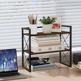 Brown 15.74 in. x 7.87 in. Wood Desktop Shelf Organizer, 2-Tier Office Shelves, Freestanding Display Shelf for Home | The Home Depot