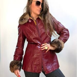 Vintage Red Leather Jacket Penny Lane Fur Trim Coat Grunge Boho Bomber Medium | Poshmark