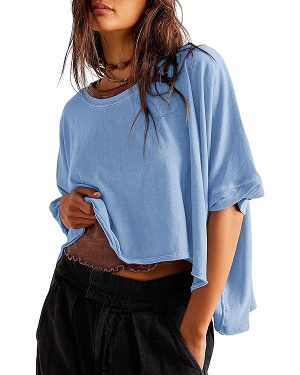 Dokotoo Summer Tops 2024 Womens Solid T Shirts for Women Loose Oversized Shirts Basic Tee | Amazon (US)