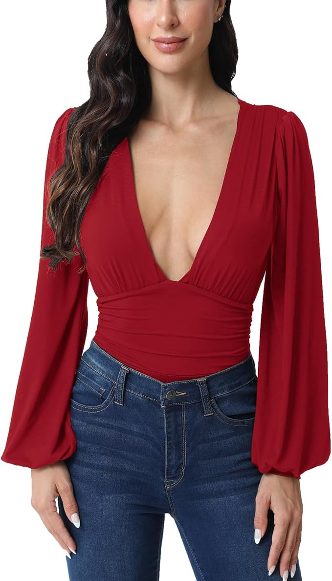 Weigou Women Jumpsuits Long Sleeve V Neck Pleated Loose Bodysuits Tops For Women Leotard Shirts | Amazon (US)