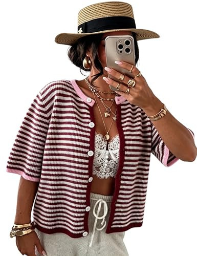 AMEBELLE Short Sleeve Cardigans for Women Lightweight Crewneck Casual Striped Womens Cardigan Sweaters Tops(3040-WineRed-S) | Amazon (US)