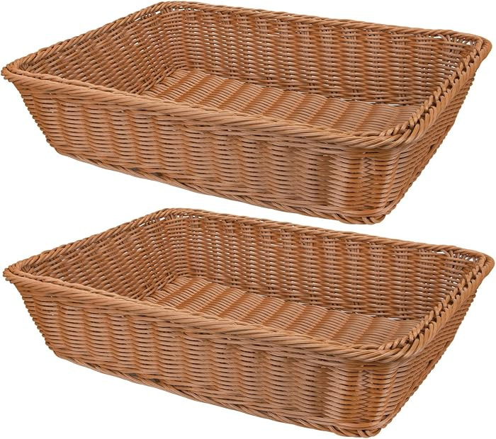2 Pack Woven Bread Basket, Plastic Wicker Fruit Baskets 15.7 x 11.4 Inch, Imitation Rattan Food S... | Amazon (US)