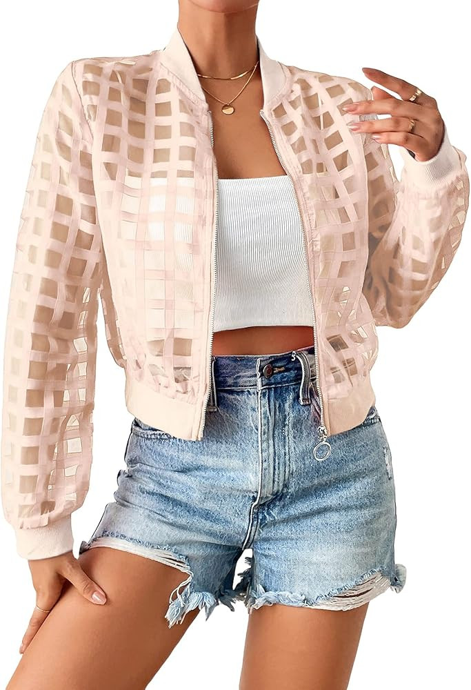 Milumia Women's Summer Mesh Sheer Bomber Jacket Cropped Baseball Collar Long Sleeve Outwear | Amazon (US)