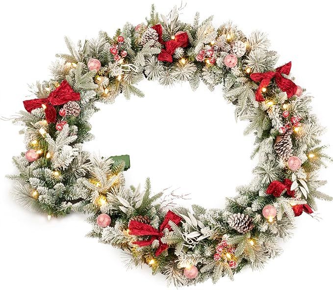AMERZEST 9ft Pre-lit Flocked Christmas Garland with Red Balls, Berries and and 50 Battery Operate... | Amazon (US)