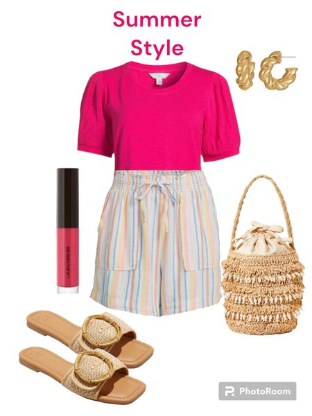 Summer short outfit and cute raffia bag and sandals. 

#shorts
#simmeroutfit

#LTKitbag #LTKstyletip #LTKshoecrush