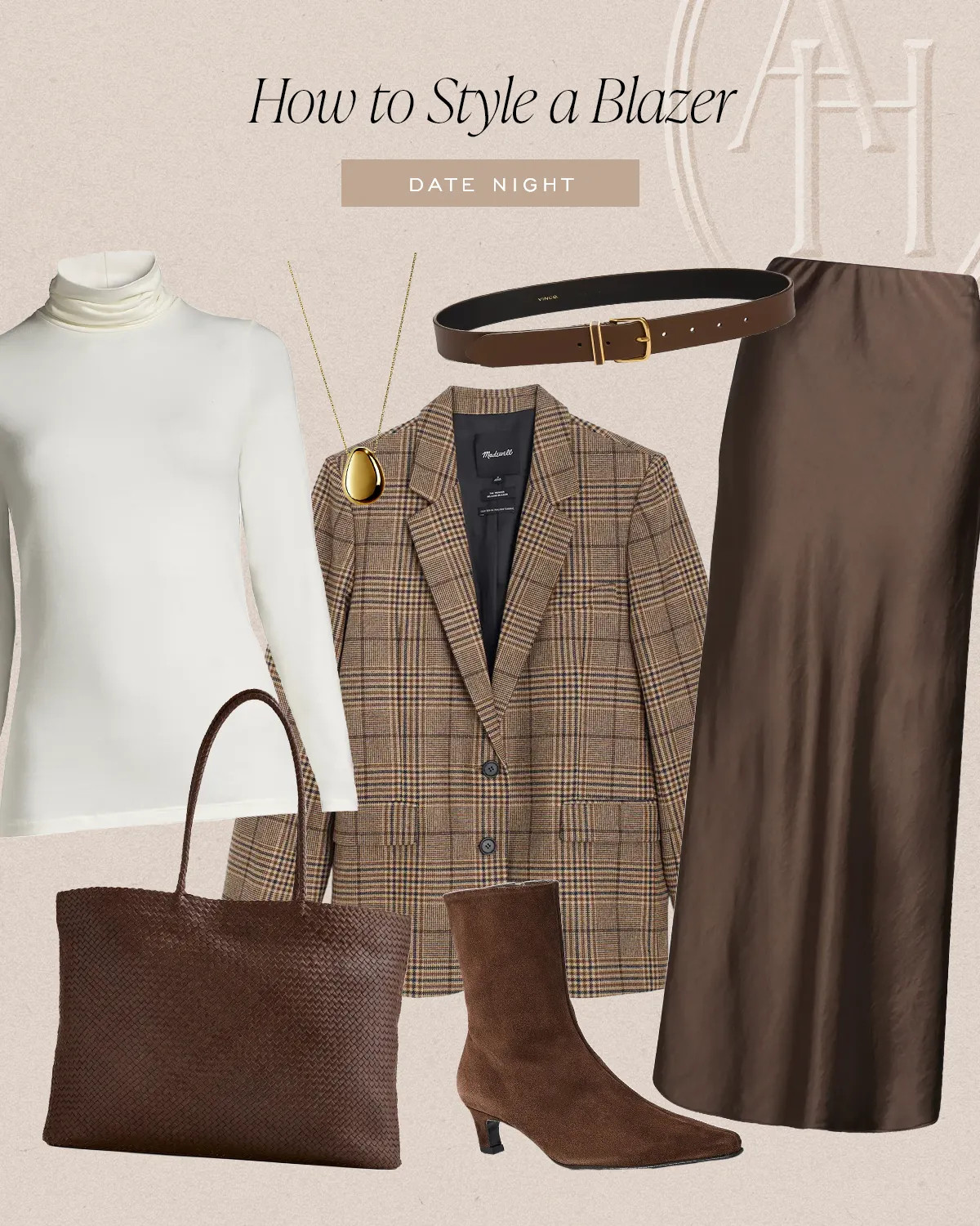 Plaid blazer, satin skirt, cream turtleneck and suede and brown accessories for date night! 

 #LTKootd #LTKSeasonal #LTKWorkwear