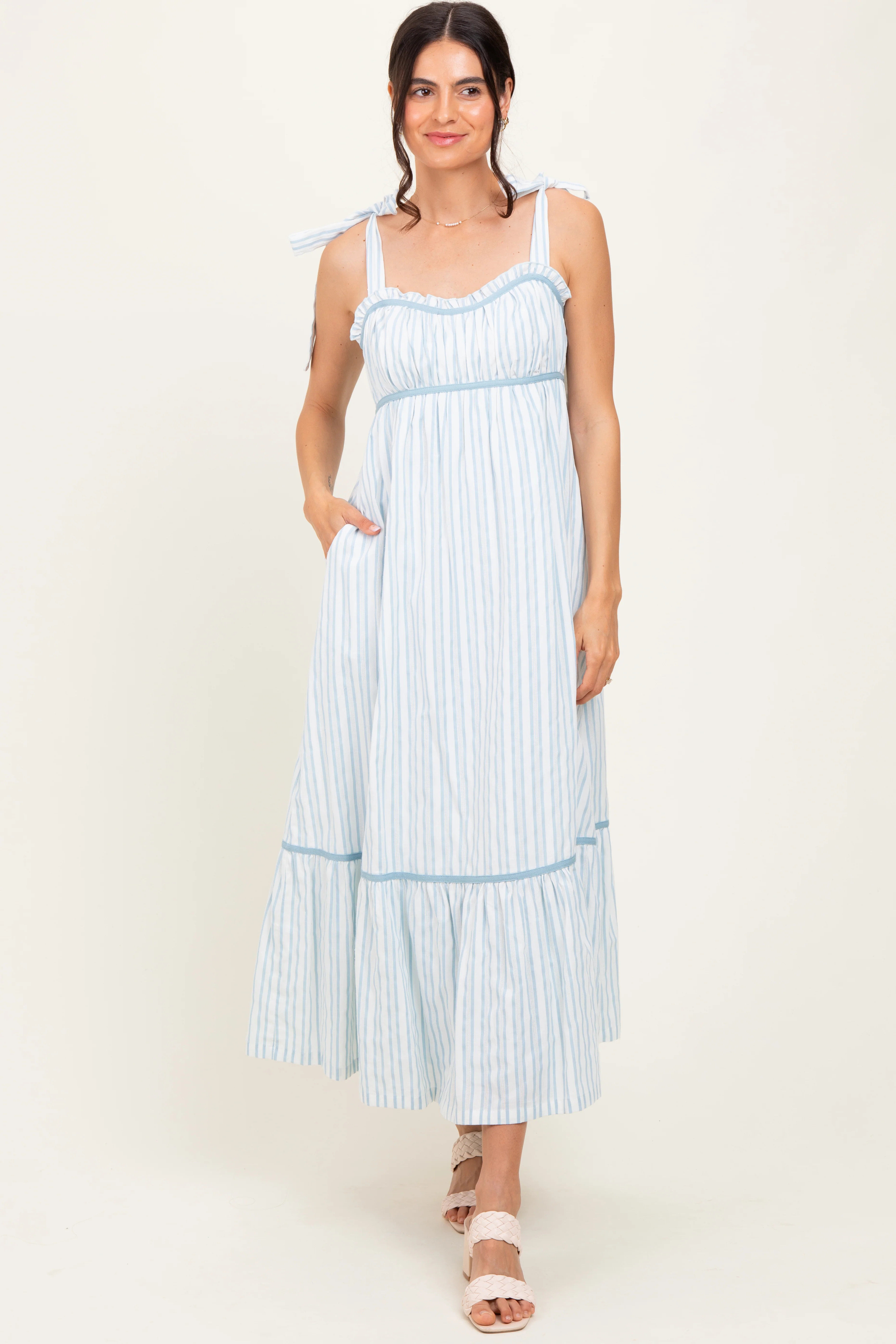 Ivory Striped Bow-Tie Maxi Dress | PinkBlush Maternity