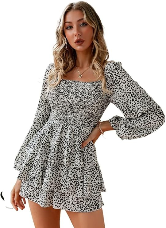 rompers for women Boho Lantern Sleeve Trim Shirred Romper petite jumpsuits for women | Amazon (US)