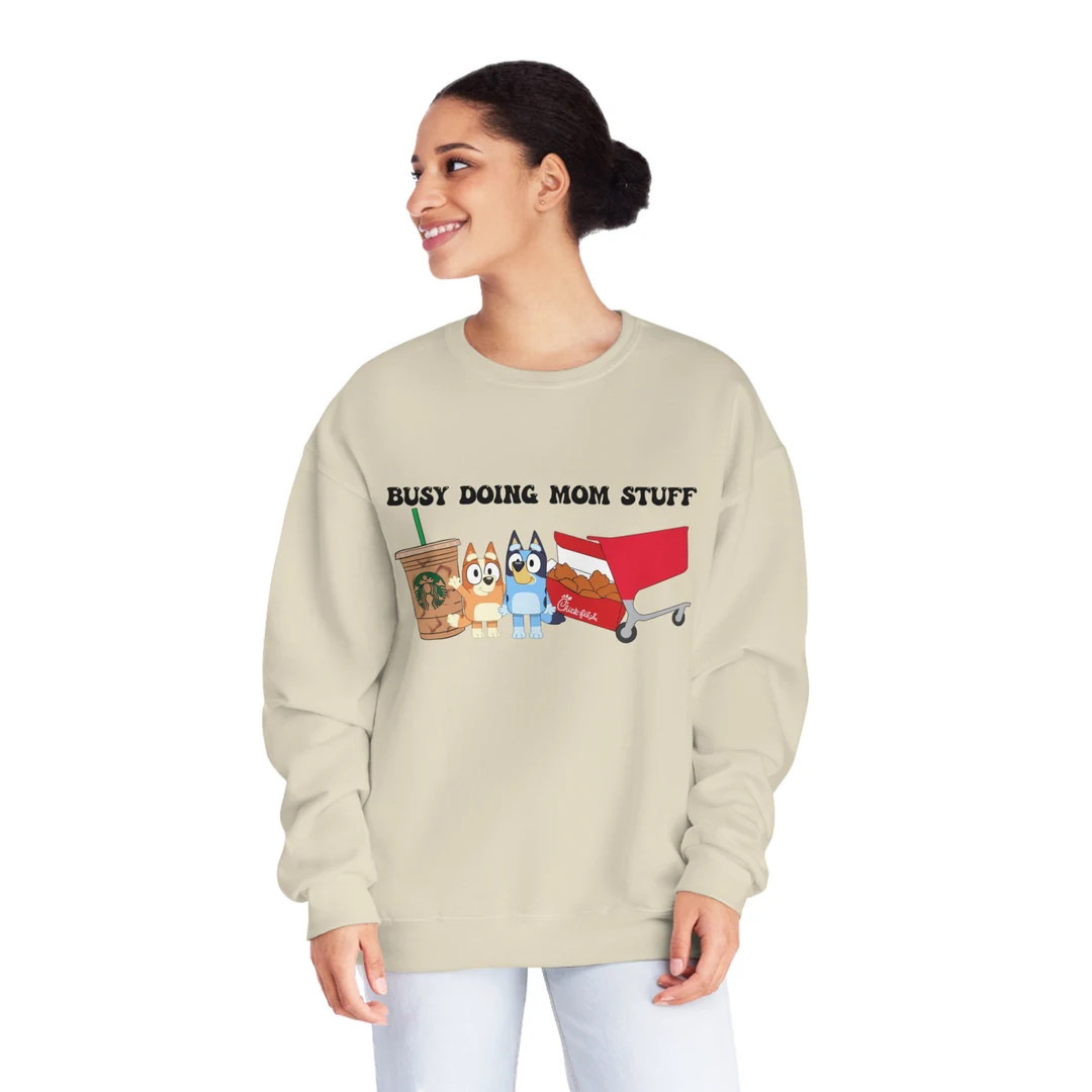 Busy Doing Mom Stuff Mama Bluey Starbucks Chick Fil A Target Unisex Nublend® Crewneck Sweatshirt... | Etsy (US)