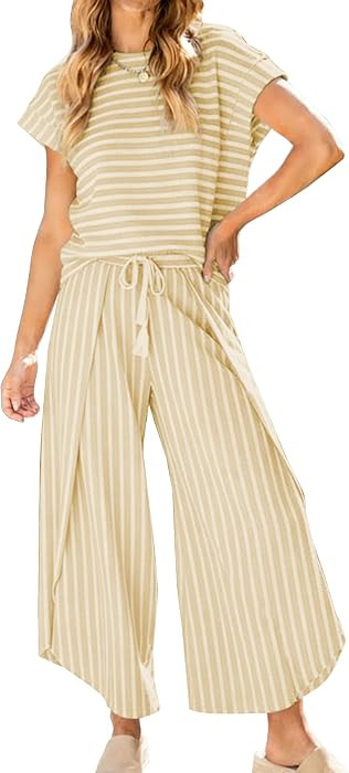 Womens Summer Striped 2 Piece Outfits Open Leg Pant Set | Amazon (US)