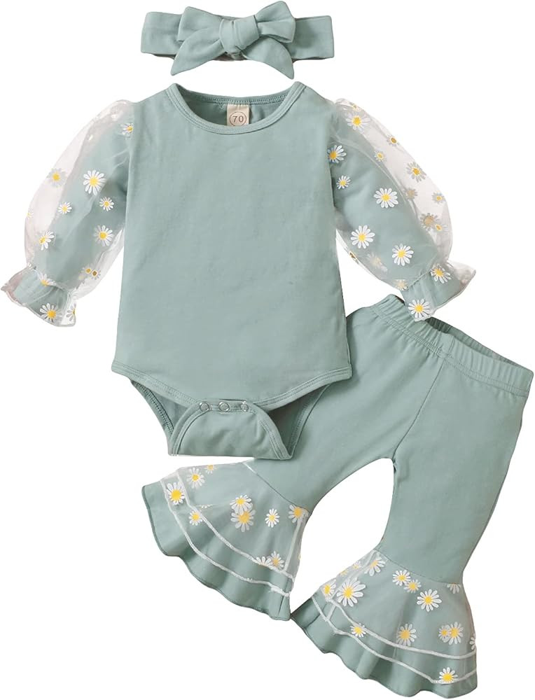 Newborn Infant Baby Girl Clothes Daisy Mesh Patchwork Lace Puff Sleeve Romper Top Flared Pants Headb | Amazon (US)