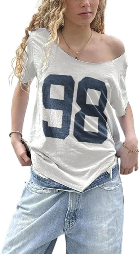 Womens Graphic Tees - Oversized Jersey Off Shoulder Top Jersey Top Coquette Clothes Y2k Streetwea... | Amazon (US)