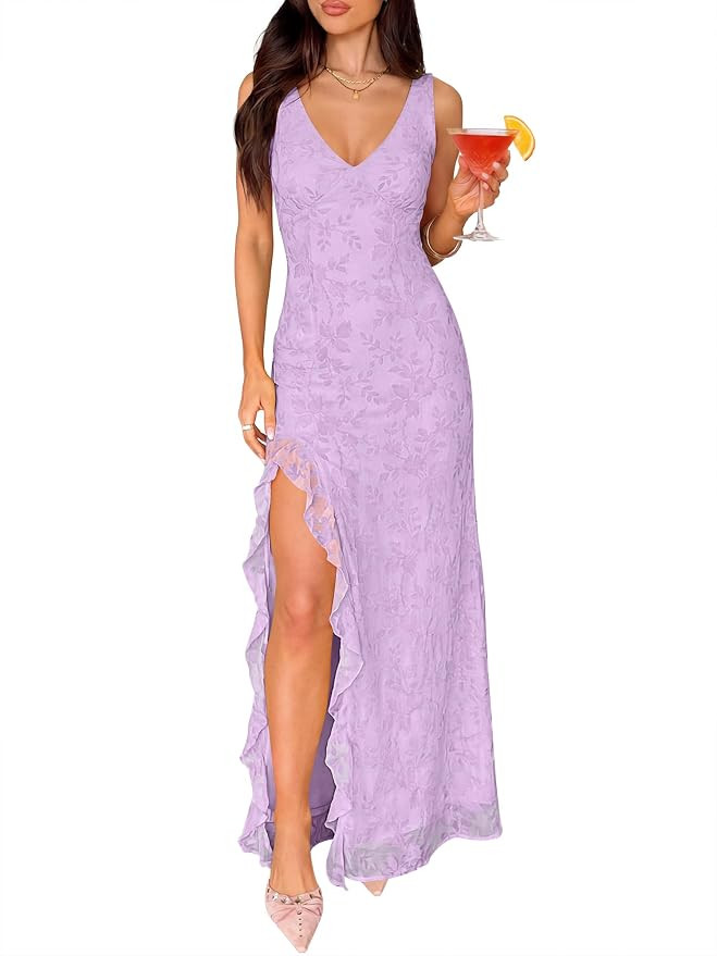 ANRABESS Womens Sexy V Neck Sleeveless Wedding Guest Dresses Spring Mesh Bodycon High Slit Ruffle... | Amazon (US)