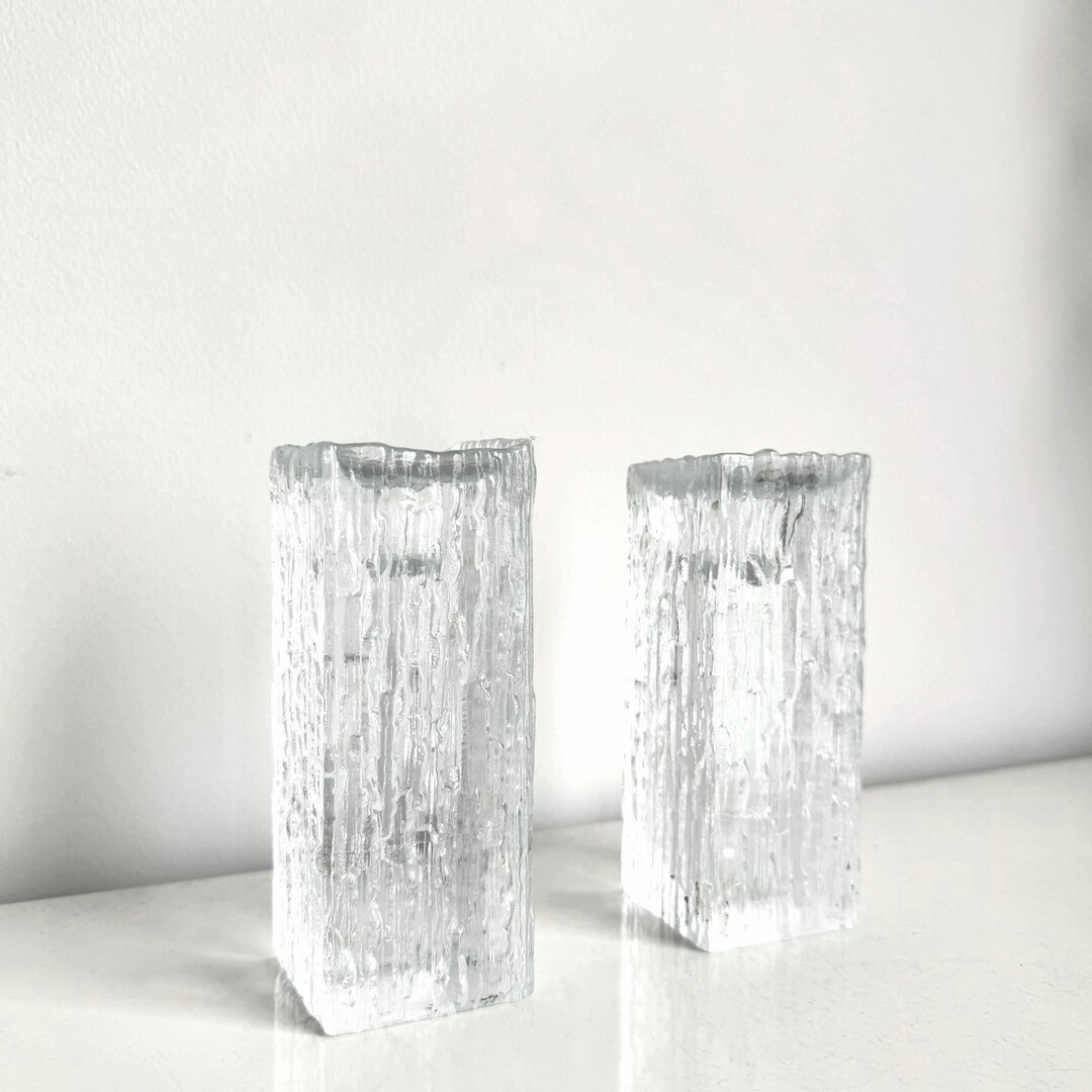 Swedish MCM Pair of “iceberg” Glass Candlesticks by Nybro Mid Century Scandinavian Candlehold... | Etsy (US)