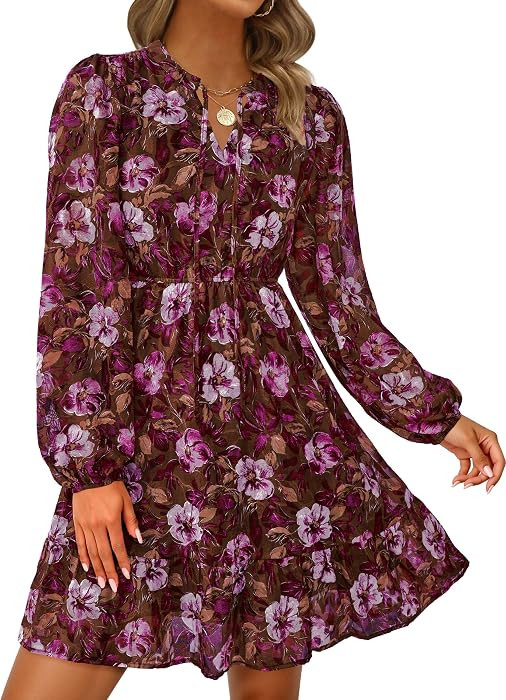 PRETTYGARDEN Women's Fall Boho Dresses 2026 Floral Long Sleeve V Neck Mini Flowy Wedding Guest Dr... | Amazon (US)