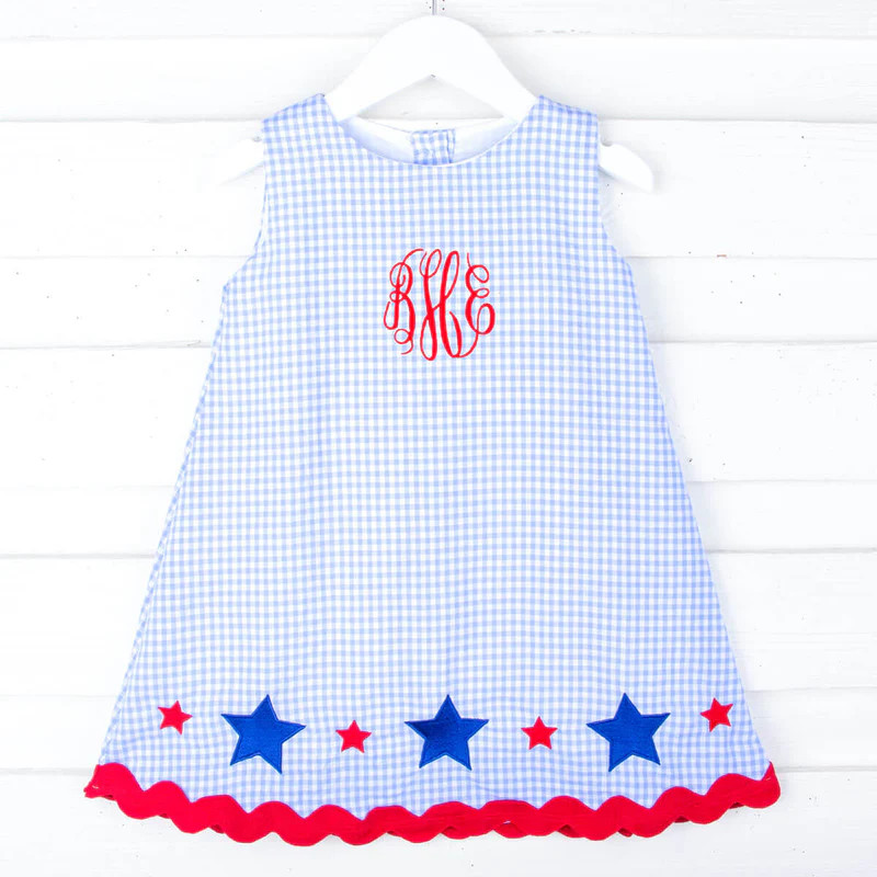 American Star Embroidered Light Blue Gingham Dress | Classic Whimsy