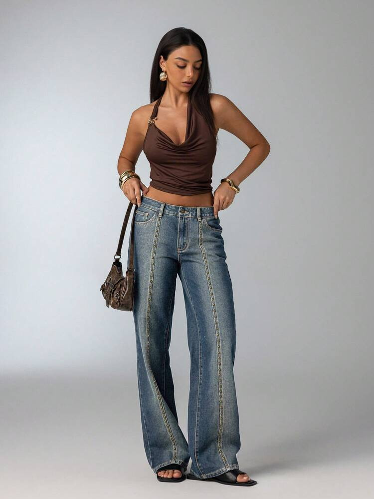 Aloruh Women's High Waist Rivet Washed Vintage Fashion Straight Leg Jeans | SHEIN