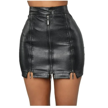 Women s Faux Leather Bodycon Mini Skirt Basic High Waist Split Pencil Skirt Ladies Zipper Slim Black | Walmart (US)