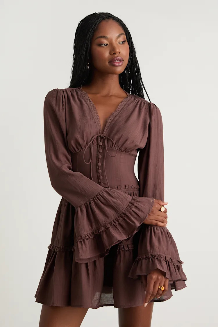 Ayaana Brown Long Sleeve Tiered Mini Dress | Lulus
