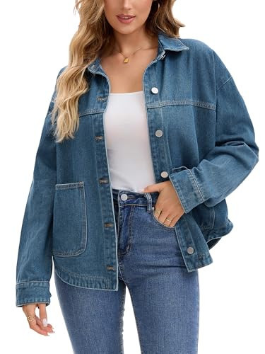CIMUK Women's Denim Jacket Long Sleeve Button Down Casual Western Shacket with Pockets Jean Jackets Small Dark Blue | Amazon (US)