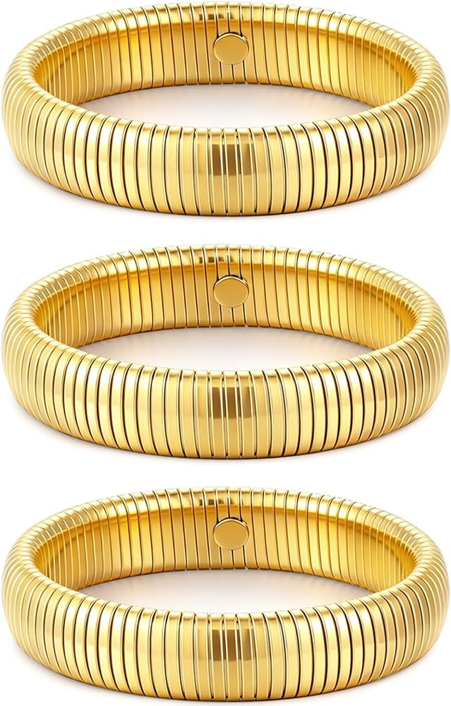Gold Bangles for Women Set of 3 Chunky Stretch Bangles Bracelets 24K Gold Plated Stainless Steel ... | Amazon (US)