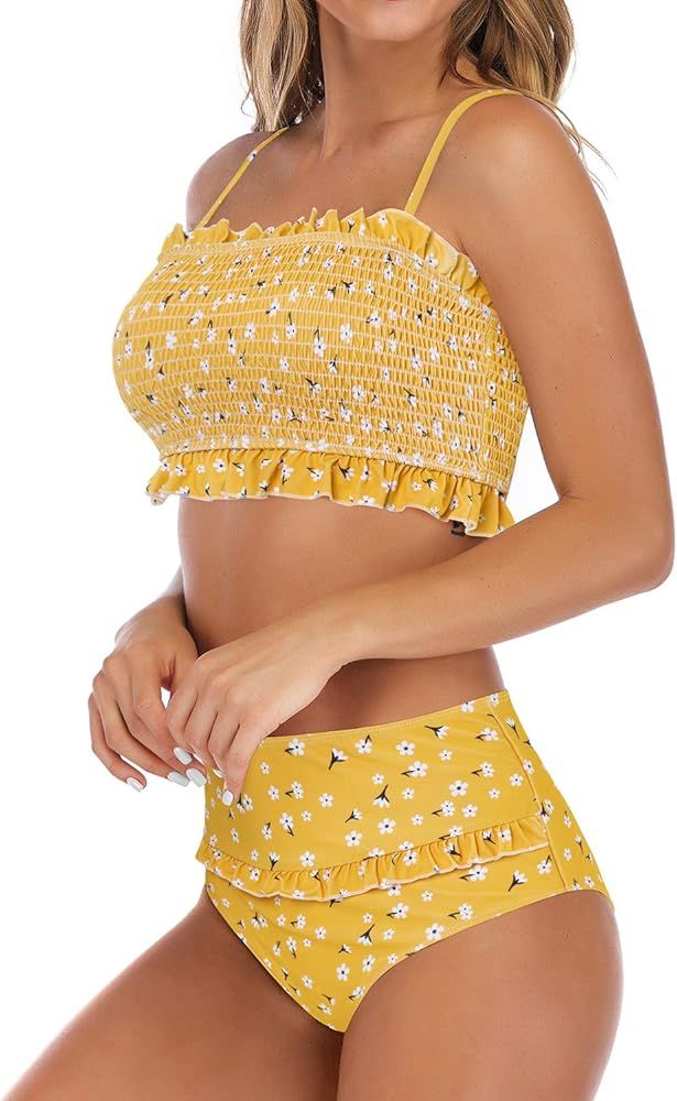 Women's Bandeau Ruffled Bikini Set Off Shoulder Smocked Swimsuit Bathing Suit | Amazon (US)