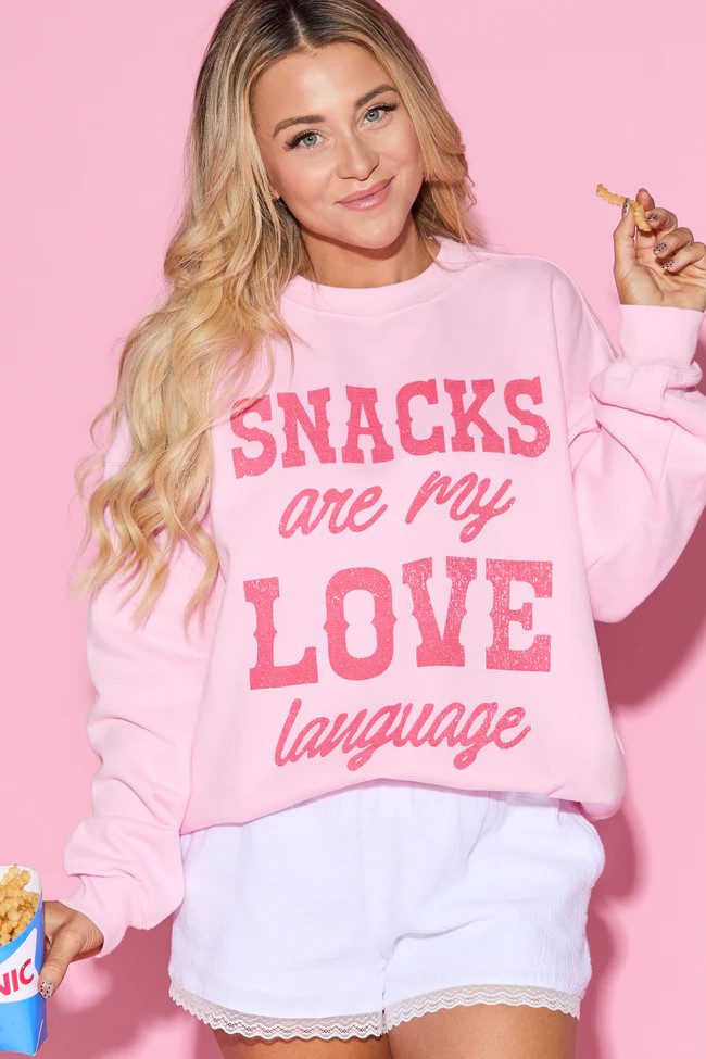 Snacks Are My Love Language Light Pink Graphic Sweatshirt SALE | Pink Lily