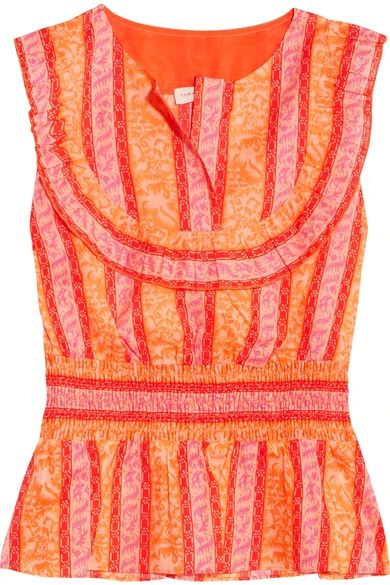 Tory Burch - Sunwise Shirred Printed Cotton-poplin Top - Orange | NET-A-PORTER (US)
