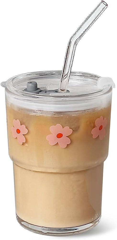 Olvini 13oz Glass Tumbler with Glass Straw and Lid, Iced Coffee Cups Reusable, Water Cup, Coffee ... | Amazon (US)