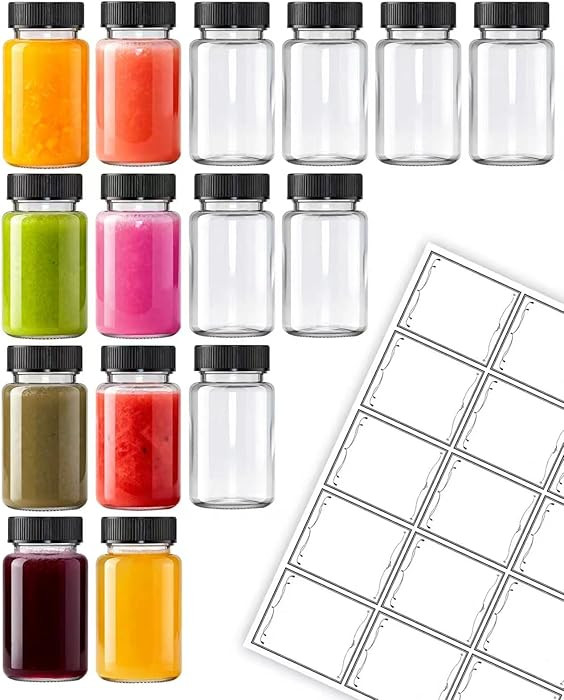 15 Pcs 2 Oz Glass Juice Shot Bottles With Black Caps & 15 Labels, Reusable Small Wellness Ginger ... | Amazon (US)