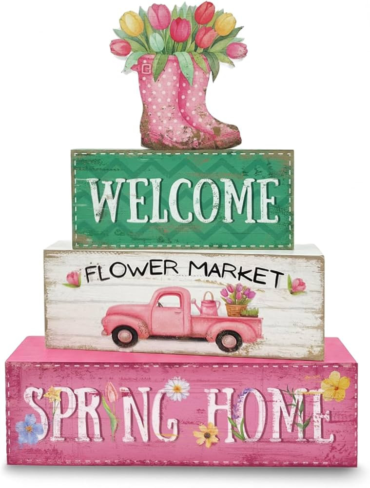 Spring Decorations, 4 Pcs Wooden Spring Table Decorations, Farmhouse Rain Boots Tiered Tray Decor... | Amazon (US)