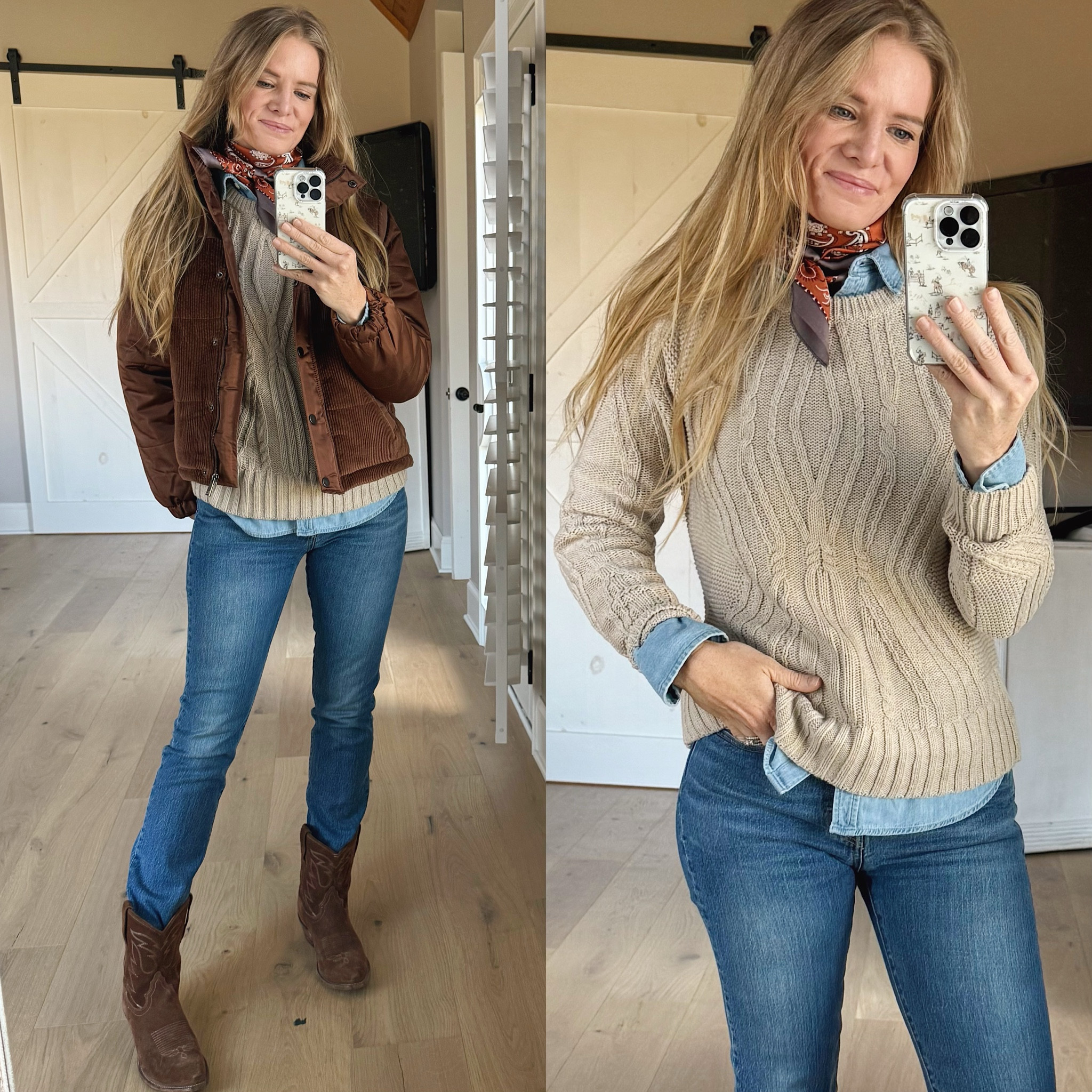 Winter western outfit

Size reference 5’ 9” 140 lbs

Cream cable knit sweater - medium

Denim button up - medium tall

Brown puffer coat - medium

Straight leg jeans - 26 x 32 (these have 1 % elastane) 

Short western boots - older Dan post




🔍western style. Western fashion. Affordable outfit ideas. Walmart fashion. Amazing sweaters. 100 % cotton sweater. Western outfit ideas. Neutral outfits. 

#LTKFindsUnder100 #LTKFindsUnder50 #LTKSaleAlert